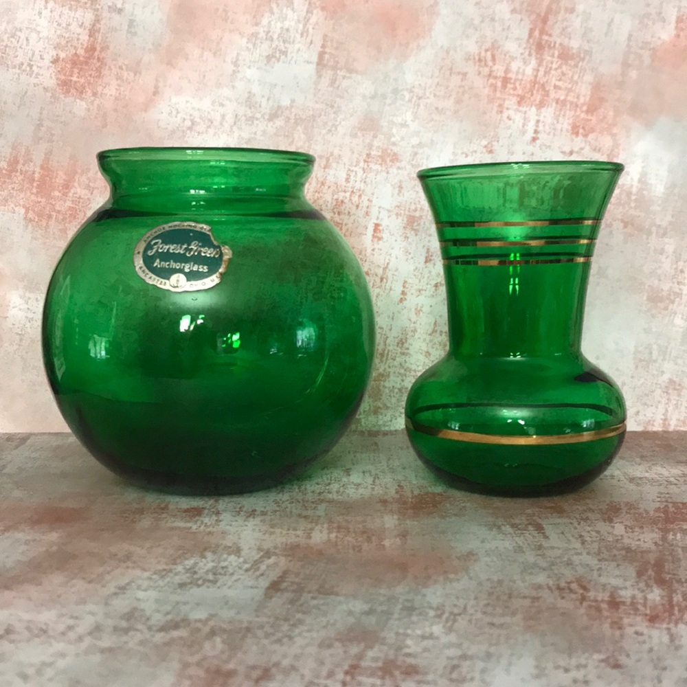 Vintage Anchor Hocking Green Bud Vases, Set of 2